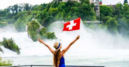 Rhine-Falls-Swiss-Flag-in-Switzerland